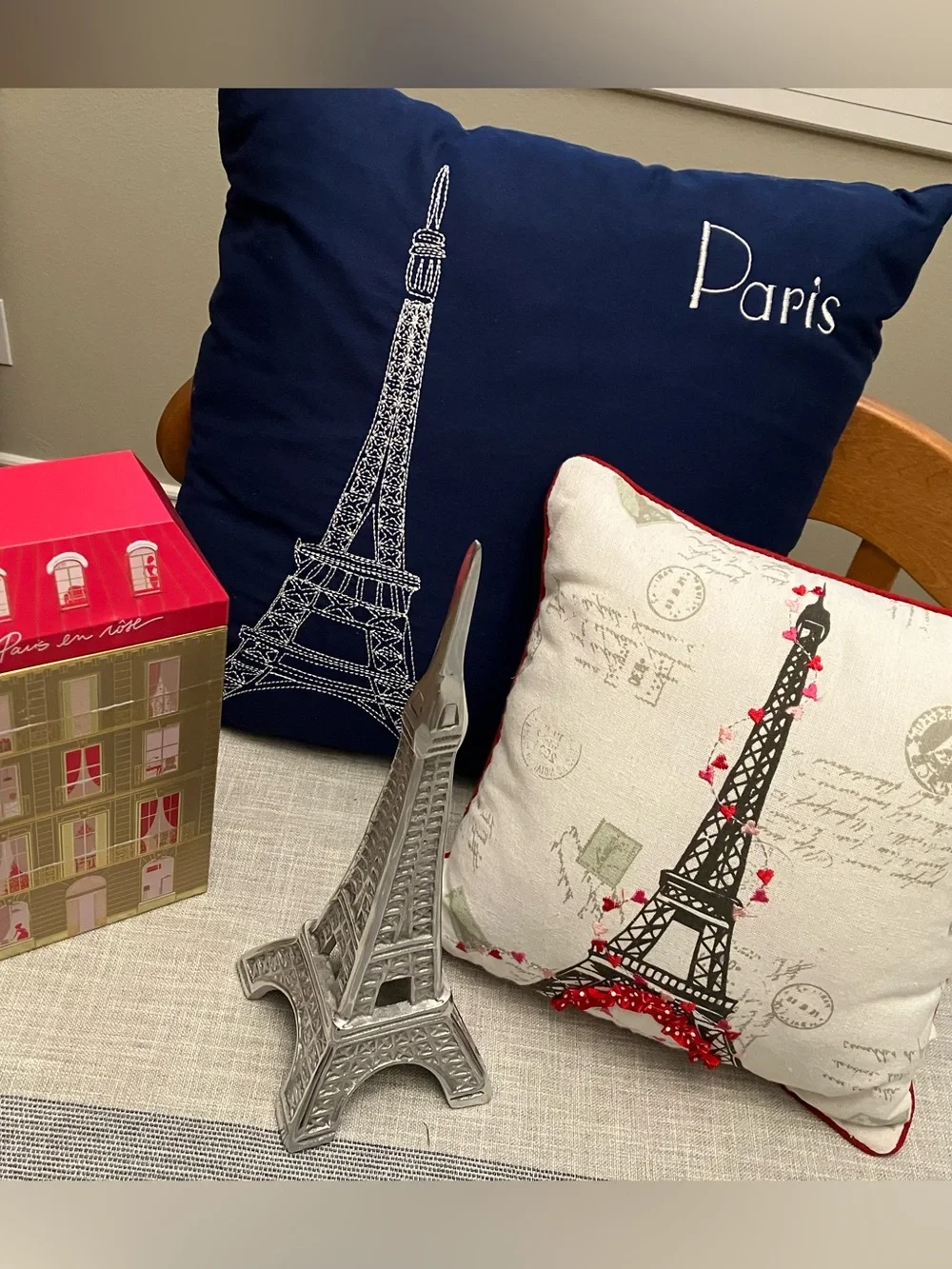Paris Decor: 2 decorative pillows, silver Eiffel Tower figurine, tall canister
